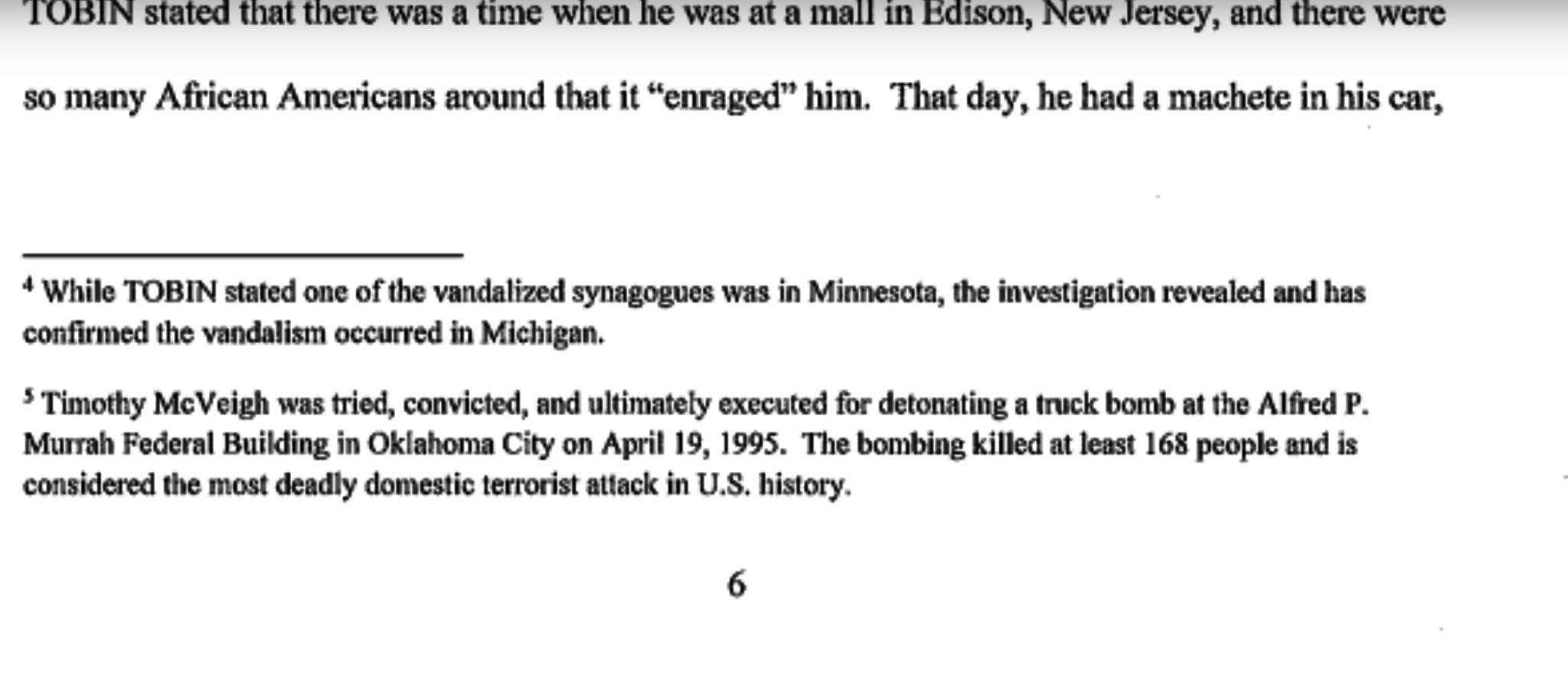 A screenshot of a document page containing text about an individual named Tobin, mentions of racial animosity, and footnotes referencing synagogue vandalism and Timothy McVeigh.
