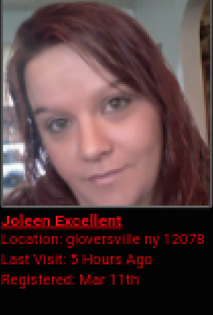 A screenshot of a profile for 'Joleen Excellent' from Gloversville, NY, featuring a photo of a woman with long reddish hair.
