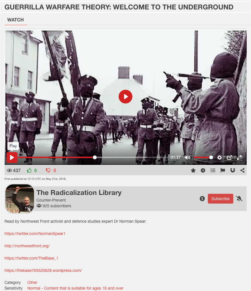 A screenshot of a video player on a webpage titled 'GUERRILLA WARFARE THEORY: WELCOME TO THE UNDERGROUND'. The video frame shows several individuals in military-style uniforms wearing black balaclavas, some holding flags and others holding firearms. Below the video is information for a channel called 'The Radicalization Library' with links to 'The Base' and 'Norman Spear'.