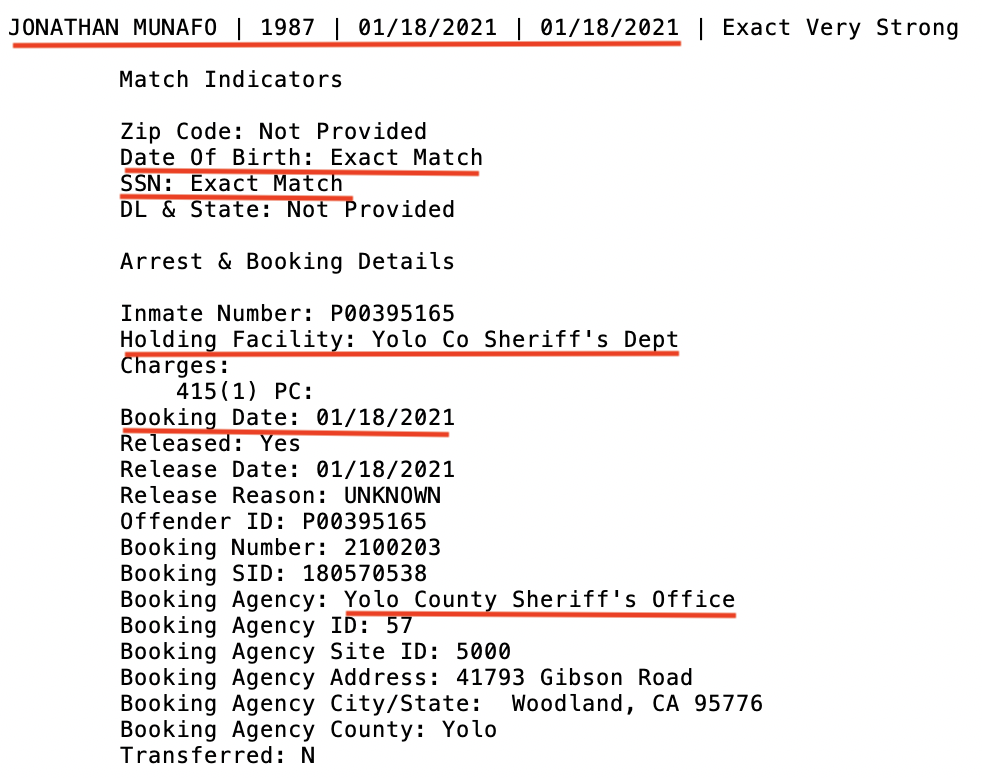 A screenshot of a booking record for Jonathan Munafo from the Yolo County Sheriff's Office, dated January 18, 2021, with several lines underlined in red.