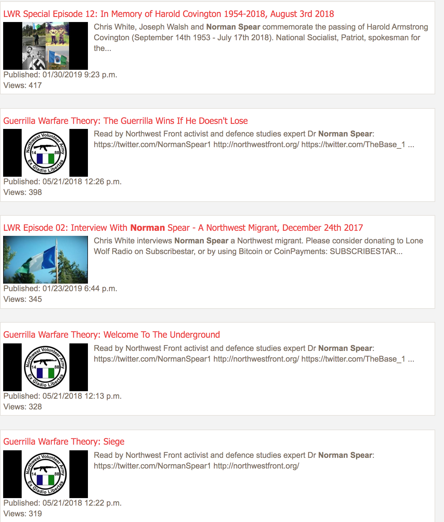 A screenshot of a website listing several podcast episodes or articles related to white supremacist figures and ideologies. Titles include 'LWR Special Episode 12: In Memory of Harold Covington' and 'Guerrilla Warfare Theory' by 'Norman Spear'. Thumbnails include a flag, a collage of images, and the circular logo of the 'Northwest Volunteer Army'.