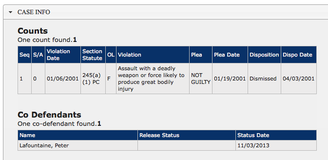 A screenshot of a legal case information page showing a count for assault with a deadly weapon and a co-defendant named Peter Lafountaine.