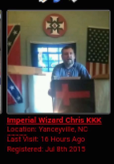 A screenshot of a profile for 'Imperial Wizard Chris KKK' from Yanceyville, NC. The image shows a man with dark hair and a beard standing at a podium with a red cross. In the background are a Confederate flag, a KKK symbol, and a US flag.