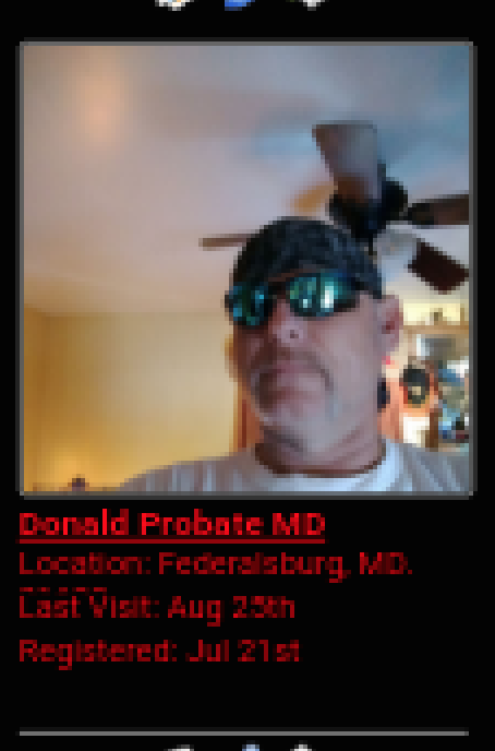 A screenshot of a profile for 'Donald Probate MD' from Federalsburg, MD, featuring a low-resolution photo of a man with a goatee wearing sunglasses and a dark head covering.