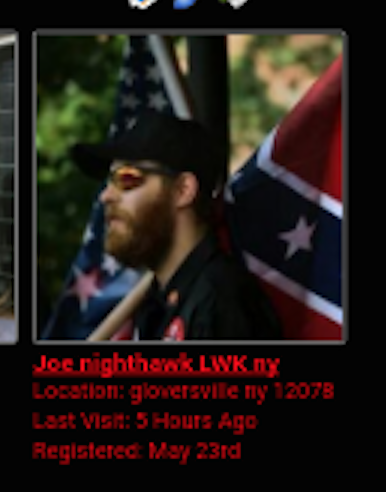 A screenshot of a profile for 'Joe nighthawk LWK ny' featuring a photo of a bearded man in a black cap and sunglasses standing before American and Confederate flags.