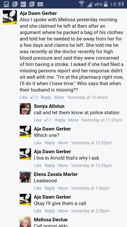 A screenshot of a Facebook comment thread where users Aja Dawn Gerber, Sonya Allstun, Elena Zavala Marler, and Melissa Declue discuss the disappearance of a man and his wife's suspicious behavior.