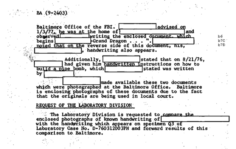 A redacted FBI document from the Baltimore Office dated January 3, 1977, discussing an investigation into a 'Grand Dragon' and instructions for building a pipe bomb. The document includes a request for the Laboratory Division to compare handwriting samples.
