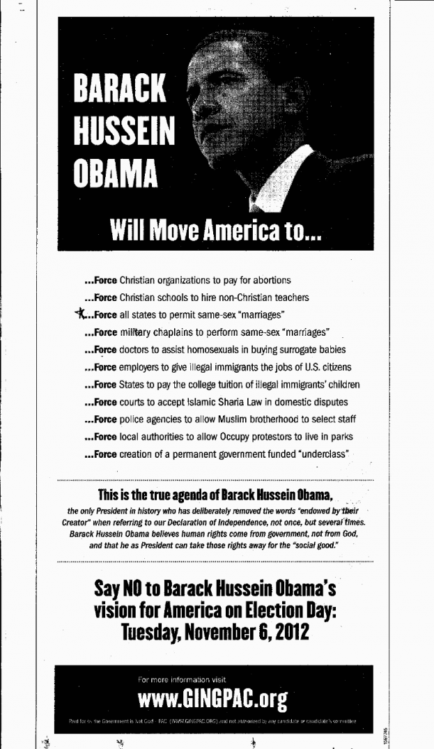 A black and white political advertisement targeting Barack Obama for the 2012 election. It features a portrait of Obama and a list of claims about his 'true agenda,' including forced social and religious changes. The ad is attributed to GINGPAC.org.
