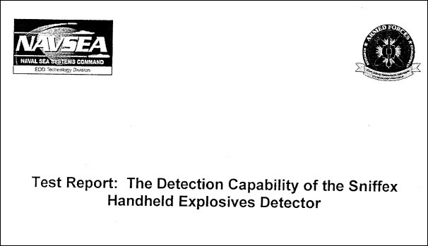 A document title page titled 'Test Report: The Detection Capability of the Sniffex Handheld Explosives Detector' with logos for NAVSEA and Armed Forces Research & Development.