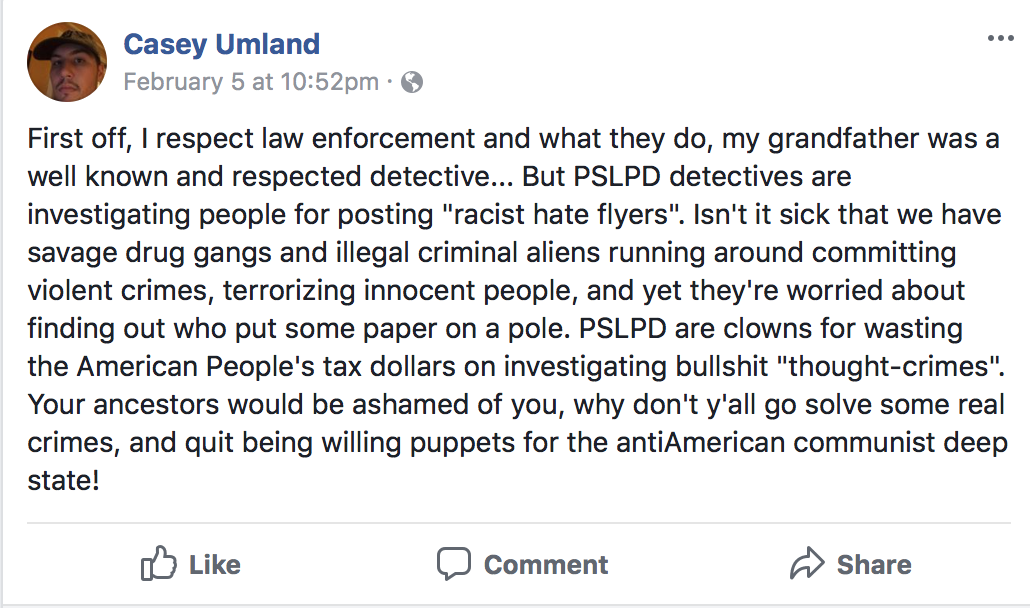 A screenshot of a Facebook post by Casey Umland criticizing the Port St. Lucie Police Department for investigating 'racist hate flyers' instead of violent crimes.