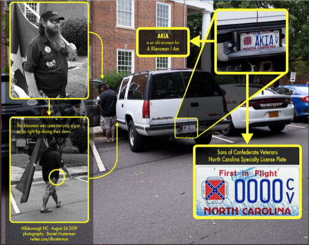A composite image documenting a KKK demonstration in Hillsborough, NC, on August 24, 2019. It features a man with a long beard and a baseball cap, a close-up of a North Carolina license plate reading 'AKIA', and a shot of the man carrying a firearm.