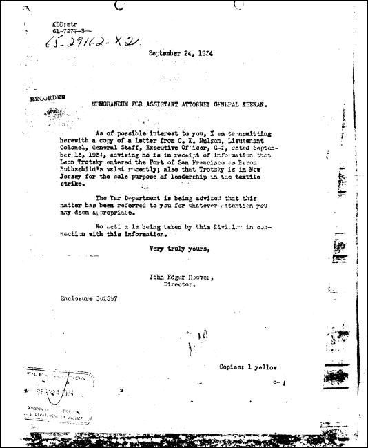 Trotsky smuggled into U.S. as valet of British double agent, according to FBI Director J. Edgar Hoover