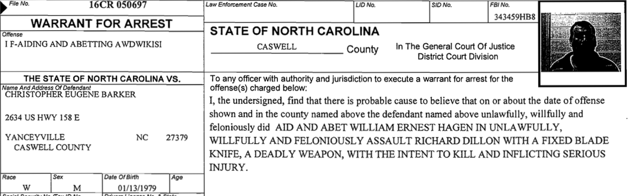 A North Carolina arrest warrant for Christopher Eugene Barker, charging him with aiding and abetting an assault with a deadly weapon. The document includes a small, dark mugshot of Barker in the top right corner.