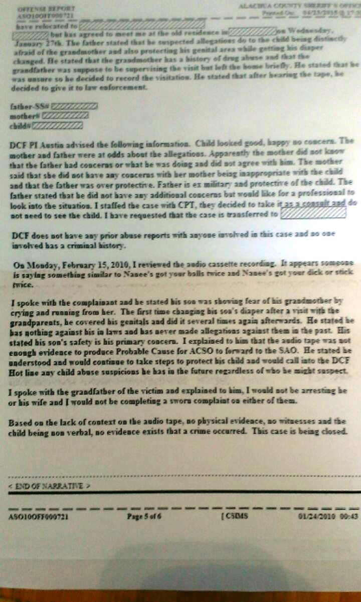 A photograph of a printed offense report from the Alachua County Sheriff's Office, page 5 of 6, detailing a narrative about a DCF investigation into child abuse allegations.