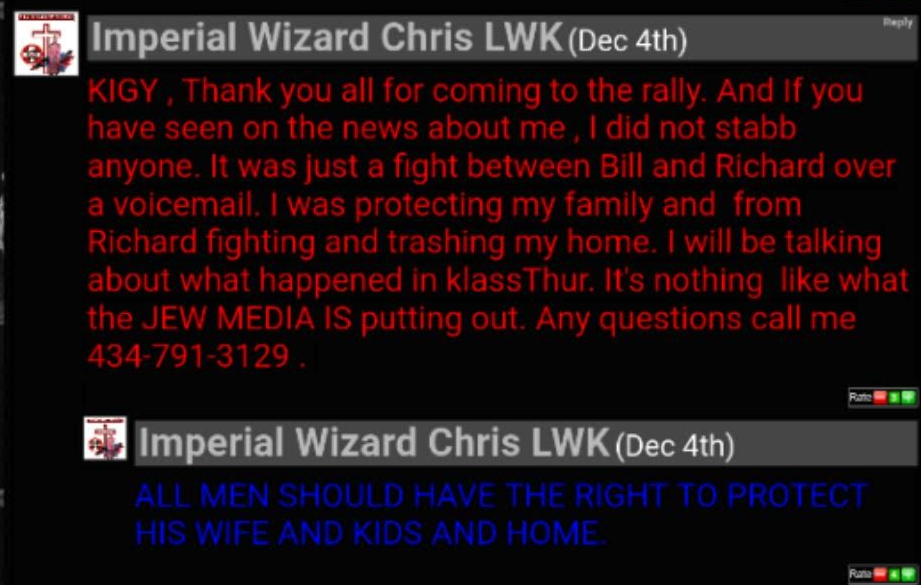 A screenshot of forum posts by 'Imperial Wizard Chris LWK' dated December 4th. The red text denies involvement in a stabbing, attributing a fight to 'Bill and Richard' and using antisemitic slurs. A second post in blue asserts the right to protect one's home and family.
