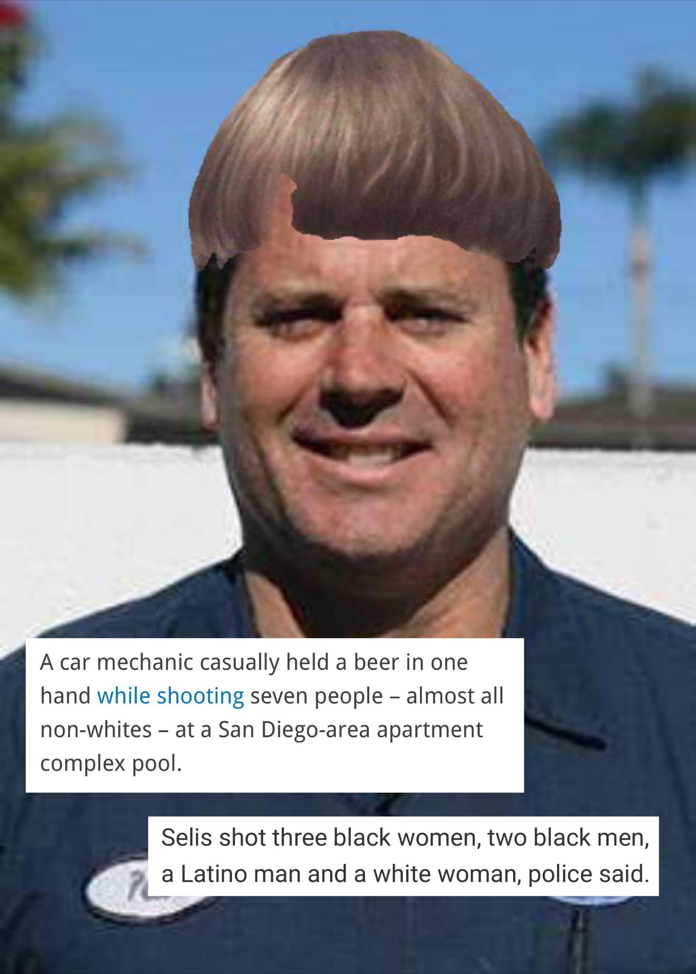A photograph of a man in a blue mechanic's shirt with a bowl-cut hairstyle digitally edited onto his head. Text boxes overlay the image describing a shooting incident in San Diego involving a car mechanic named Selis.