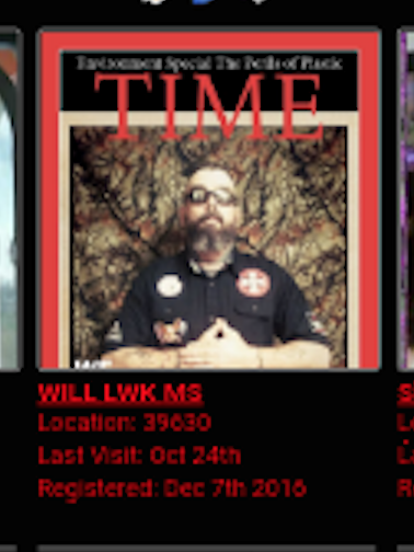A screenshot of a profile for 'WILL LWK MS' featuring a man with a full beard and sunglasses wearing a shirt with KKK patches, framed by a mock TIME magazine cover.