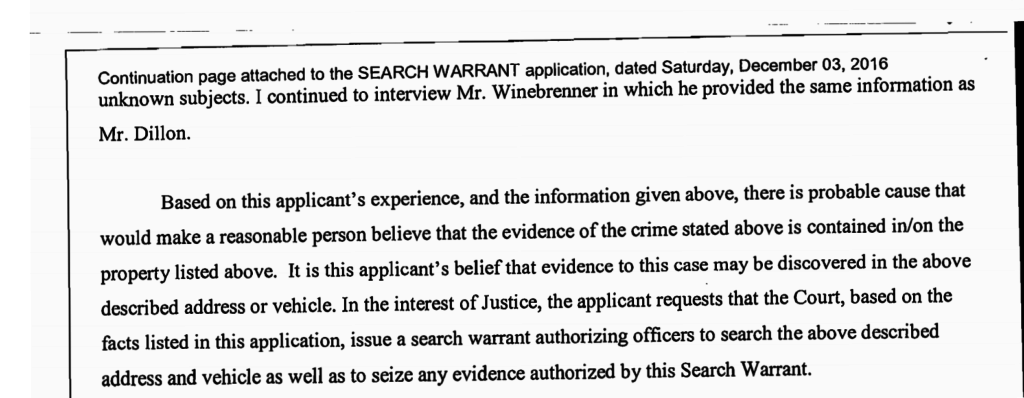 A continuation page of a search warrant application dated December 3, 2016, mentioning interviews with Mr. Winebrenner and Mr. Dillon and requesting the court to issue a search warrant based on probable cause.
