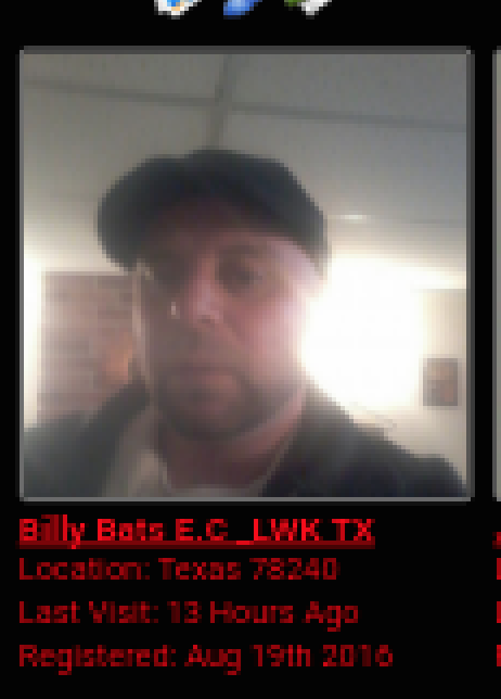 A low-resolution screenshot of an online profile for a user named Billy Bats E.C _LWK TX. The profile includes a pixelated photo of a man with a goatee wearing a dark cap, with text indicating a location in Texas and a registration date in August 2016.
