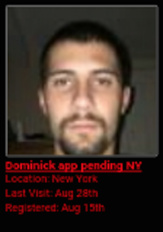 A screenshot of a digital profile for a user named Dominick from New York, featuring a headshot of a man with short dark hair and a goatee, with text indicating his application is pending.