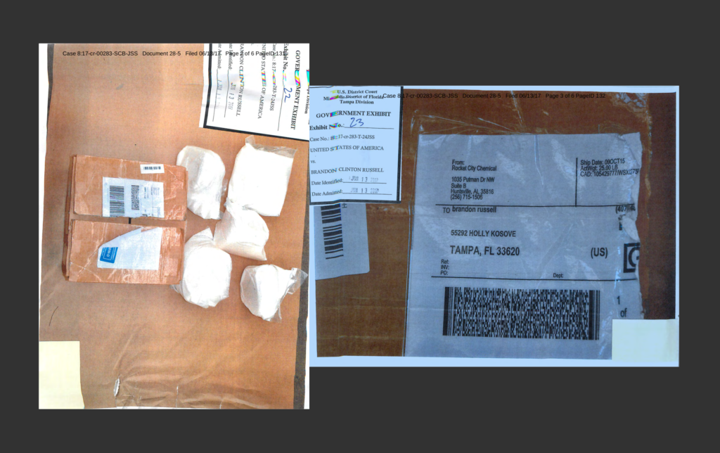 Photographs of government exhibits from the case of United States of America vs. Brandon Clinton Russell. Exhibit 22 shows a package with bags of white powder. Exhibit 23 shows a shipping label from Rocket City Chemical addressed to Brandon Russell in Tampa, Florida.