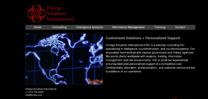 A screenshot of the Omega Solutions International website, featuring a red logo, a navigation bar, a glowing blue world map graphic, and text describing the company as a security consulting firm specializing in intelligence and counterterrorism.