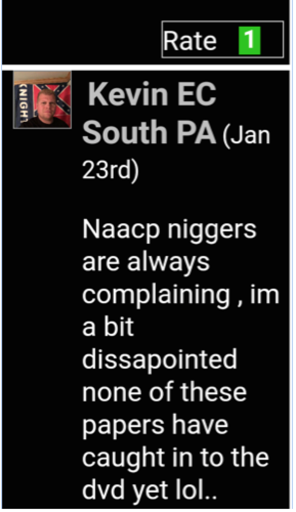 A screenshot of a social media post by 'Kevin EC South PA' featuring a profile picture of a man with short hair in front of a Confederate flag, accompanied by a racist comment.