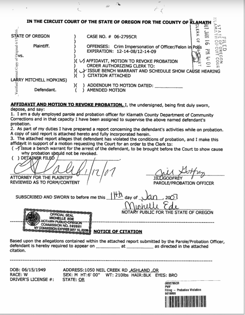 A legal document from the Circuit Court of Oregon, Klamath County, titled 'Affidavit and Motion to Revoke Probation' for defendant Larry Mitchell Hopkins, dated January 2007. The document details offenses of criminal impersonation and possession of a firearm by a felon.