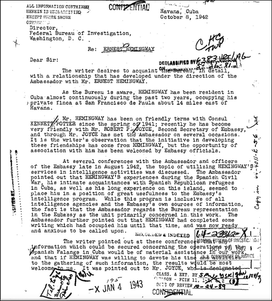 A scanned FBI document dated October 8, 1942, from Havana, Cuba, addressed to the Director of the FBI regarding Ernest Hemingway. The letter discusses Hemingway's relationship with embassy officials and his potential use in intelligence activities.