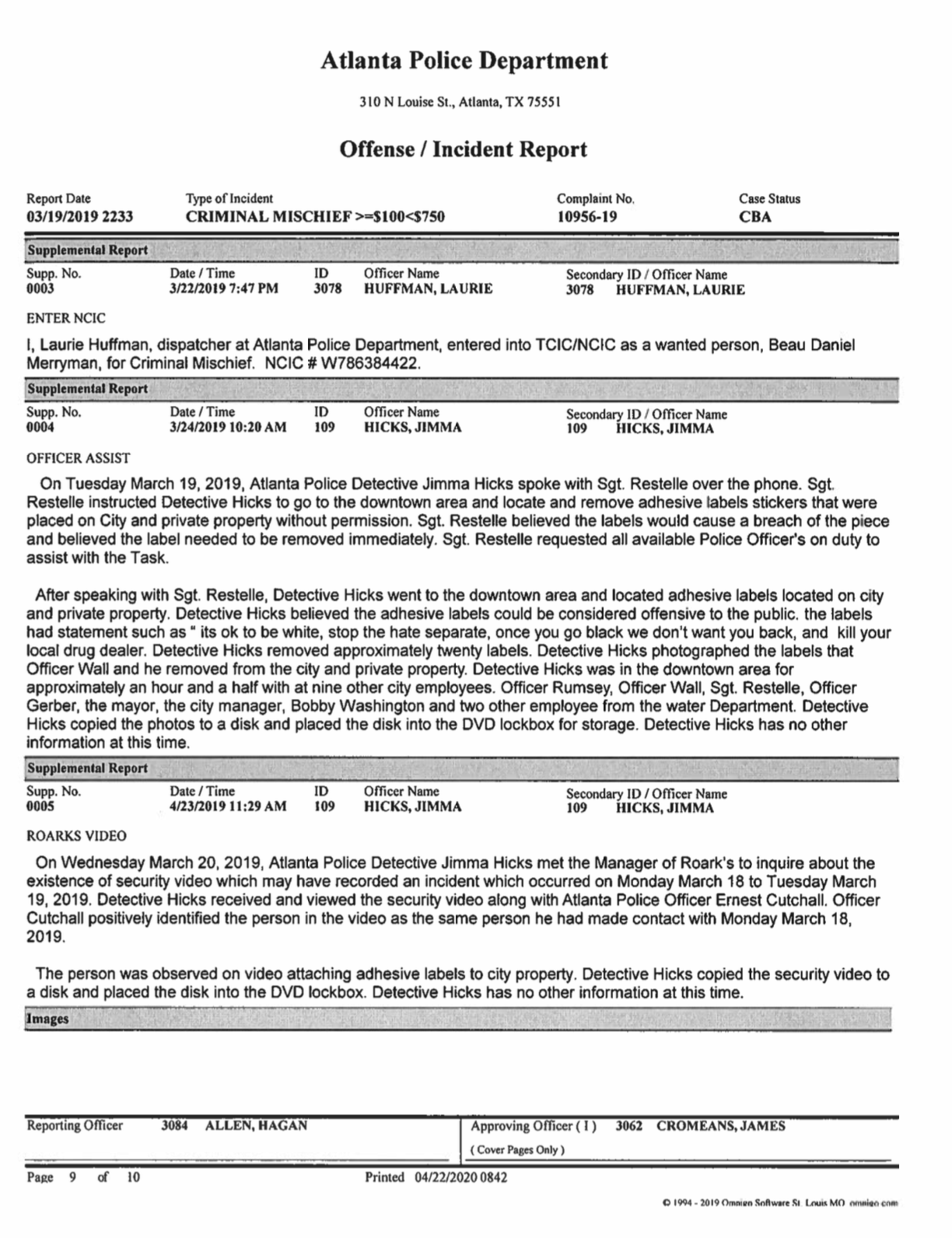 An Atlanta Police Department Offense / Incident Report dated March 19, 2019, regarding criminal mischief involving the placement of offensive adhesive labels on city and private property. The report includes supplemental entries from officers Laurie Huffman and Jimma Hicks.
