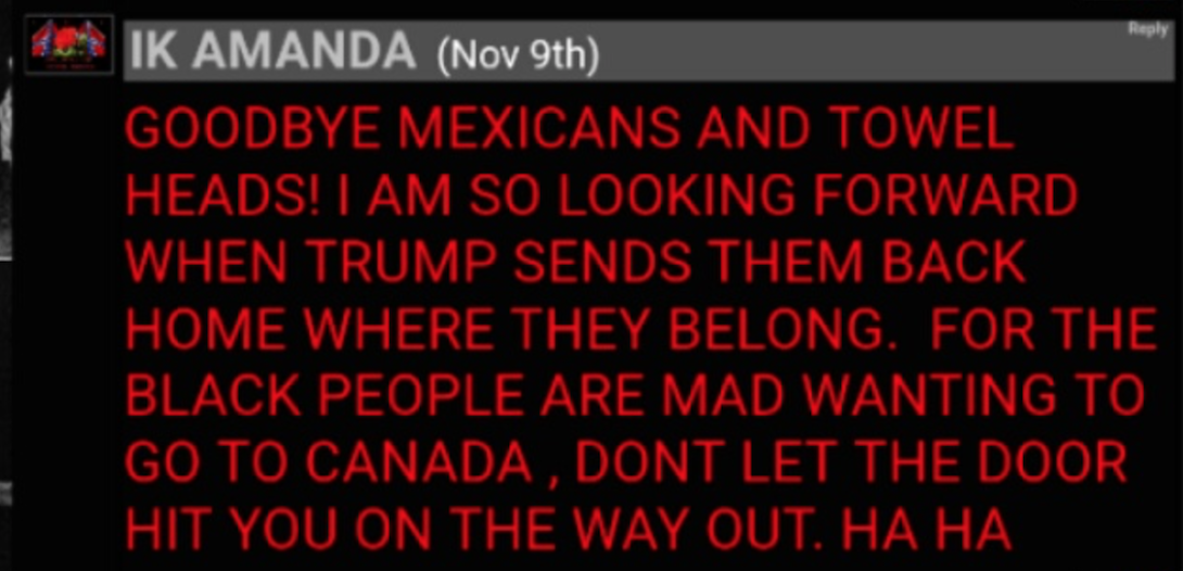 A screenshot of a social media post by 'IK AMANDA' dated Nov 9th, featuring red text on a black background with racist and xenophobic rhetoric celebrating Donald Trump's election.