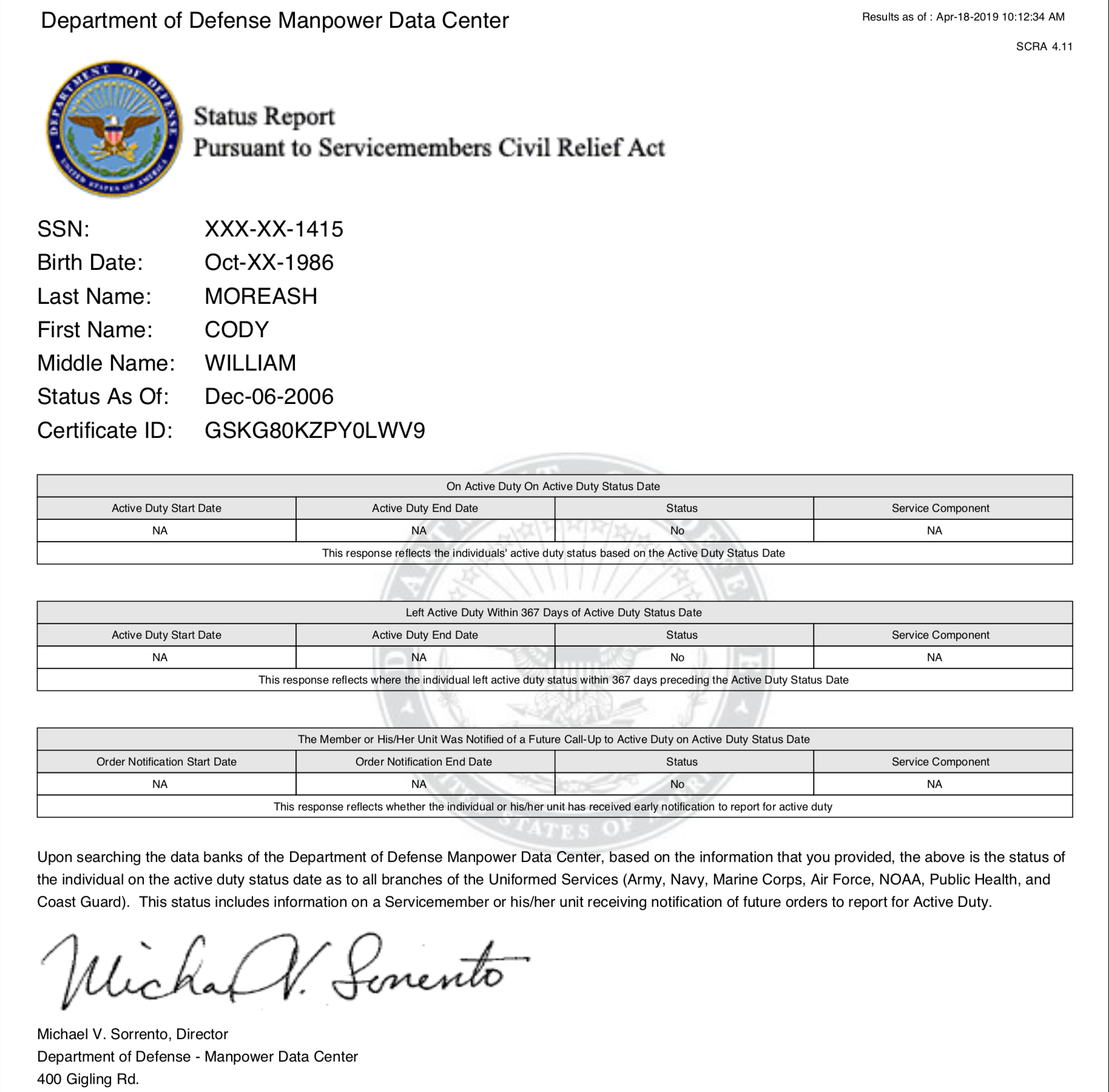 A Department of Defense Manpower Data Center Status Report for Cody William Moreash, dated April 18, 2019, indicating no active duty status.