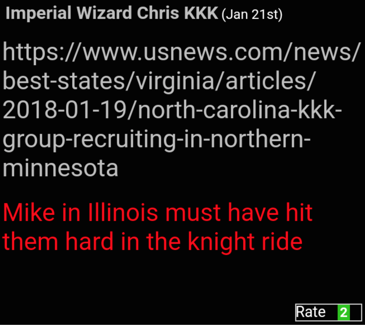 A screenshot of a message from 'Imperial Wizard Chris KKK' containing a link to a news article about KKK recruitment and a comment in red text about 'Mike in Illinois'.