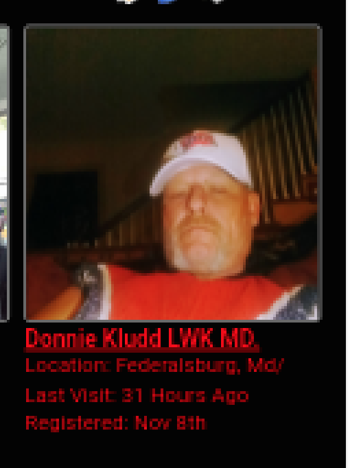 A screenshot of a profile for Donnie Kludd LWK MD., featuring a low-resolution photo of a man in a white baseball cap and red shirt, with location and registration details in red text.