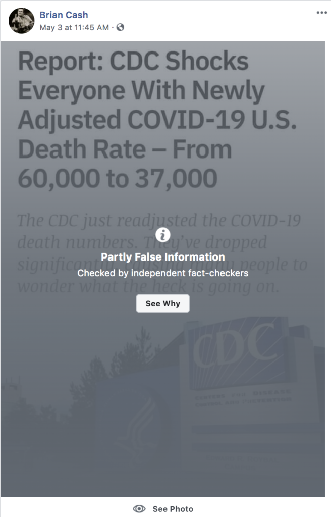 A screenshot of a Facebook post by Brian Cash featuring a headline about adjusted CDC COVID-19 death rates, overlaid with a 'Partly False Information' warning from fact-checkers.