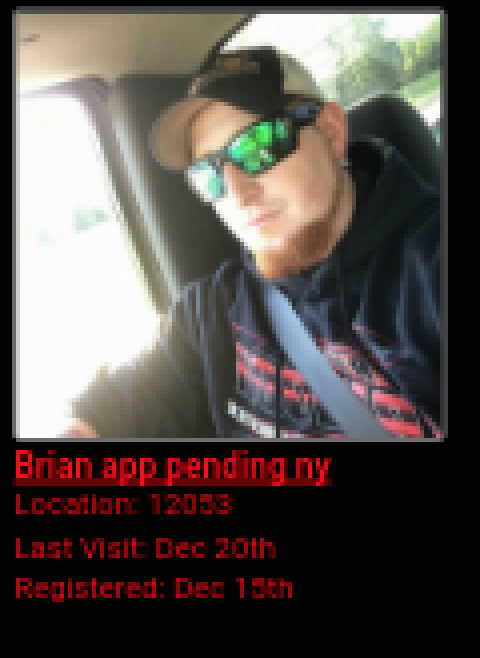 A pixelated screenshot of a profile for a person named Brian, an applicant for the KKK from New York. The profile includes a photo of a man in sunglasses and a baseball cap, with red text detailing his location and registration dates.