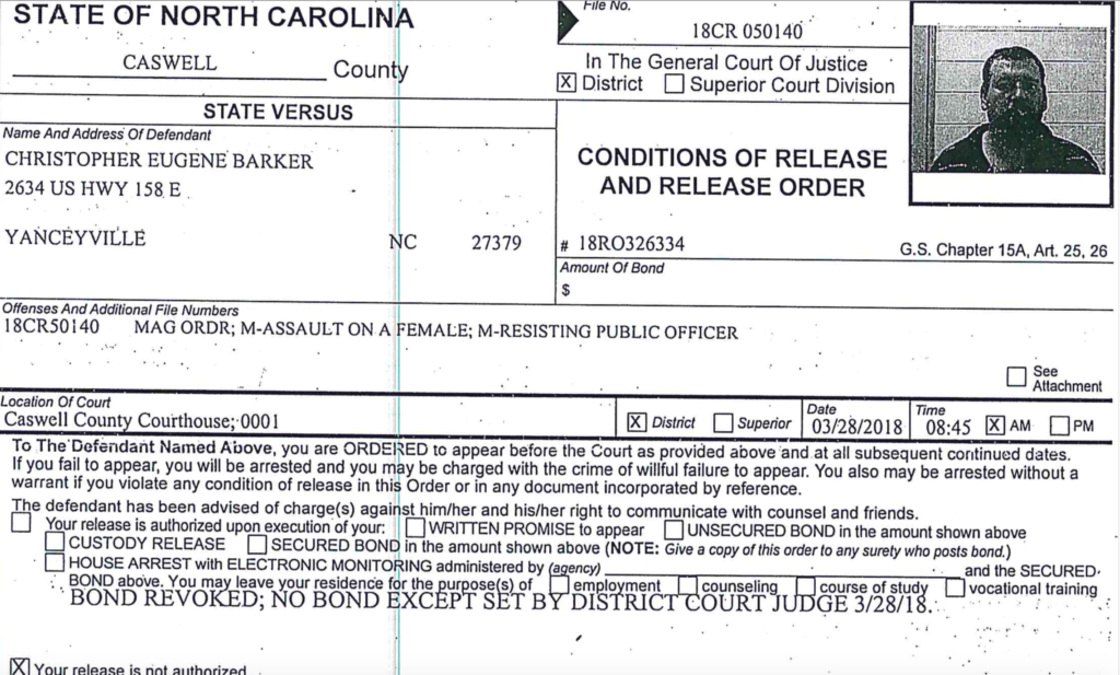 A North Carolina court document titled 'Conditions of Release and Release Order' for defendant Christopher Eugene Barker, dated March 28, 2018. It includes a small black and white mugshot of Barker in the top right corner.