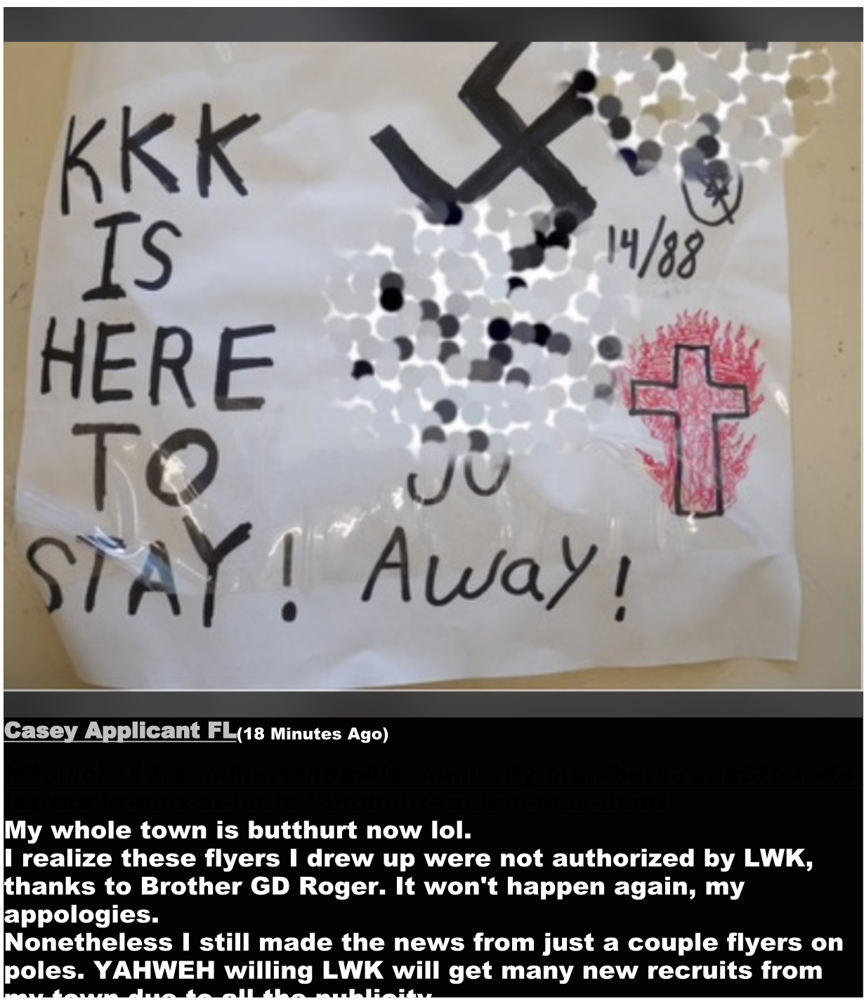 A screenshot of a social media post featuring a hand-drawn flyer with KKK and Nazi symbols, including a swastika and a burning cross, with text saying 'KKK IS HERE TO STAY!'. Below the flyer is a comment from 'Casey Applicant FL' discussing the flyers and the Loyal White Knights (LWK).