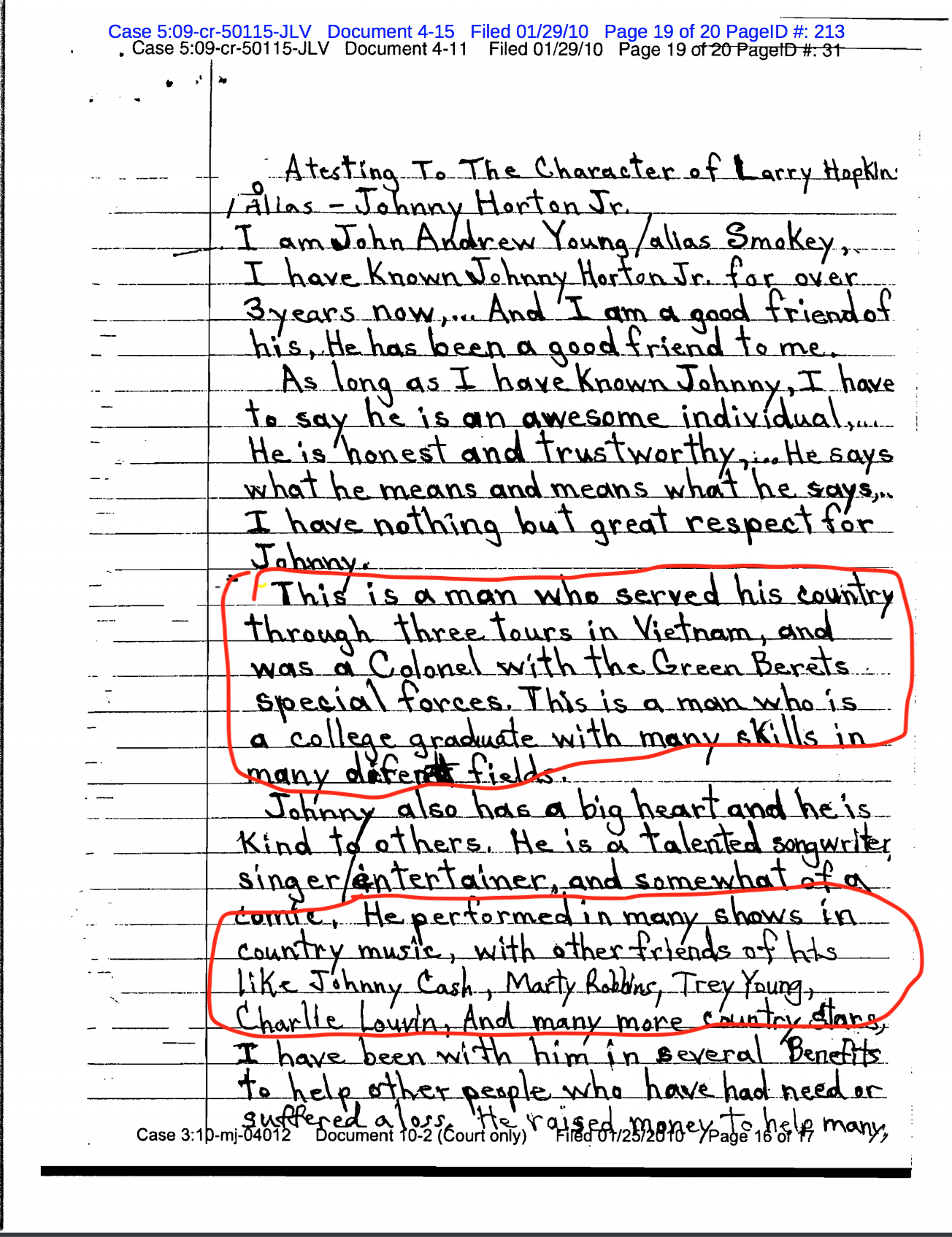 A scanned handwritten legal document titled 'Attesting To The Character of Larry Hopkins alias - Johnny Horton Jr.' written by John Andrew Young. The document contains claims about Hopkins' military service and country music career, with red circles highlighting these specific sections.
