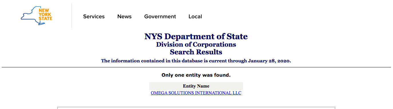 A screenshot of the New York State Department of State Division of Corporations search results page showing one entity found: OMEGA SOLUTIONS INTERNATIONAL LLC.