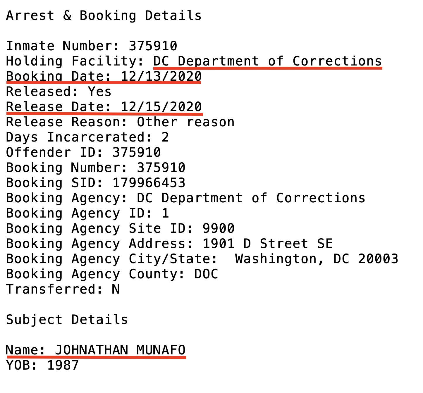 A screenshot of arrest and booking details for Johnathan Munafo, showing a booking date of December 13, 2020, at the DC Department of Corrections.