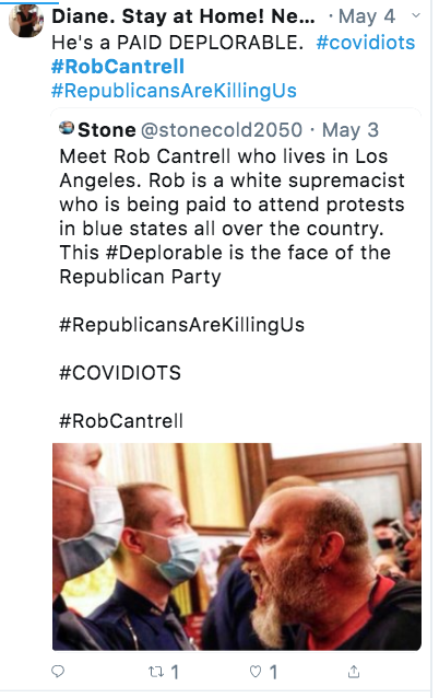 A screenshot of a Twitter post identifying a man in a photo as Rob Cantrell. The photo shows a bald man with a full grey beard shouting at two police officers wearing face masks.