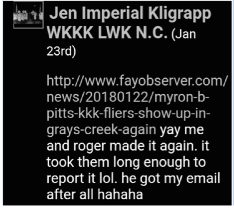 A screenshot of a social media post by Jen Imperial Kligrapp, associated with the WKKK LWK N.C., referencing a news article about KKK fliers in Grays Creek.