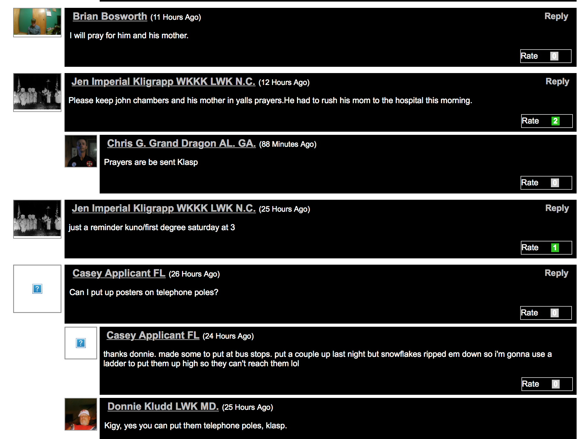 A screenshot of an online message board featuring posts from members of the Loyal White Knights of the KKK. Users like Brian Bosworth, Jen Imperial Kligrapp, Chris G. Grand Dragon, Casey Applicant, and Donnie Kludd discuss personal matters, recruitment tactics like putting up posters, and KKK-related events.