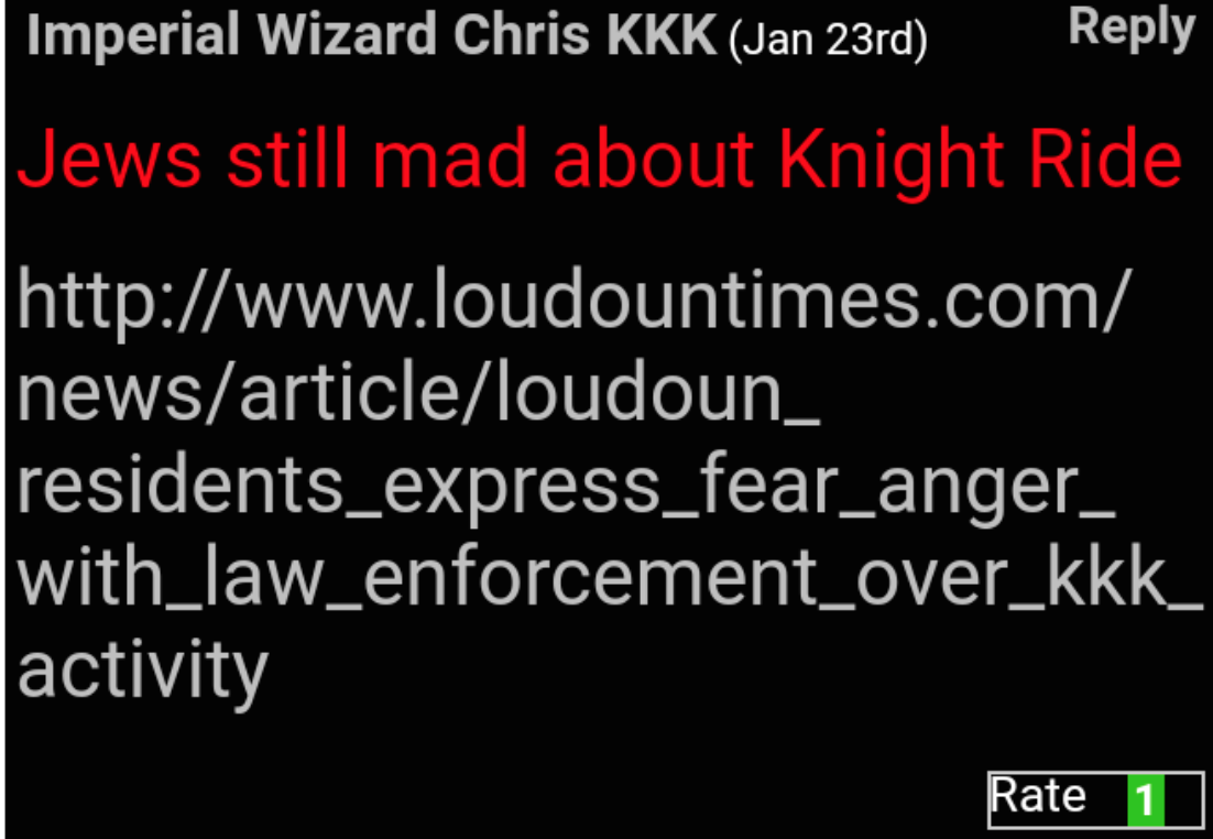 A screenshot of a forum post by 'Imperial Wizard Chris KKK' featuring antisemitic text and a link to a news article about KKK activity.