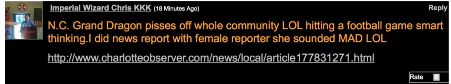 A screenshot of a web comment from 'Imperial Wizard Chris KKK' regarding a news report about a North Carolina Grand Dragon. The profile picture shows a man with dark hair and a beard standing at a podium with a cross, flanked by a Confederate flag and a US flag.