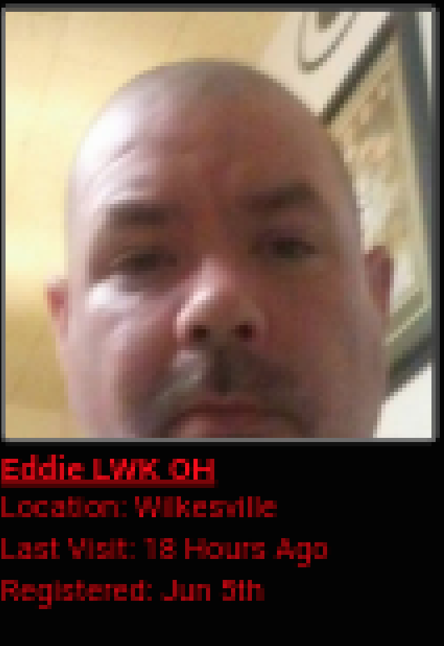 A screenshot of a profile for 'Eddie LWK OH' from Wilkesville, featuring a low-resolution photo of a Caucasian man with a shaved head and a mustache.
