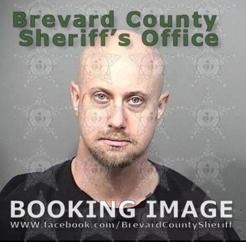 A booking photograph of a bald Caucasian male with a goatee, featuring watermarks from the Brevard County Sheriff's Office.