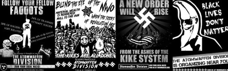 A collage of four white supremacist propaganda posters from the Atomwaffen Division. The posters contain hate speech, antisemitic caricatures, swastikas, and slogans such as 'Black Lives Don't Matter' and 'A New Order Will Rise'.