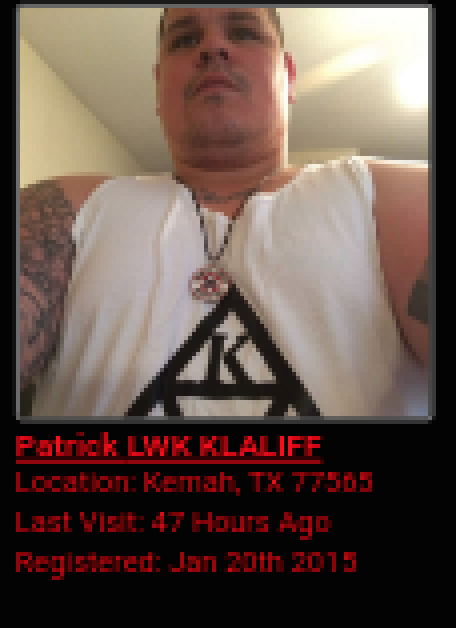 A screenshot of a profile for a man identified as Patrick LWK KLALIFF from Kemah, TX. The profile includes a photo of a heavy-set Caucasian man with short hair and a goatee, wearing a white tank top with a KKK symbol and a Confederate flag necklace.